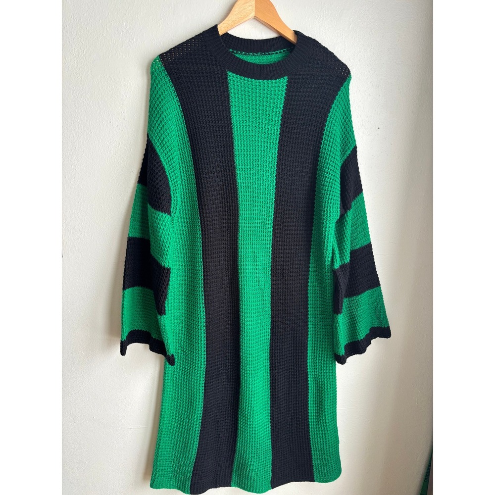 Green Black Striped Waffle Knit Sweater Dress‎ Swimsuit Cover up Mid-Length
